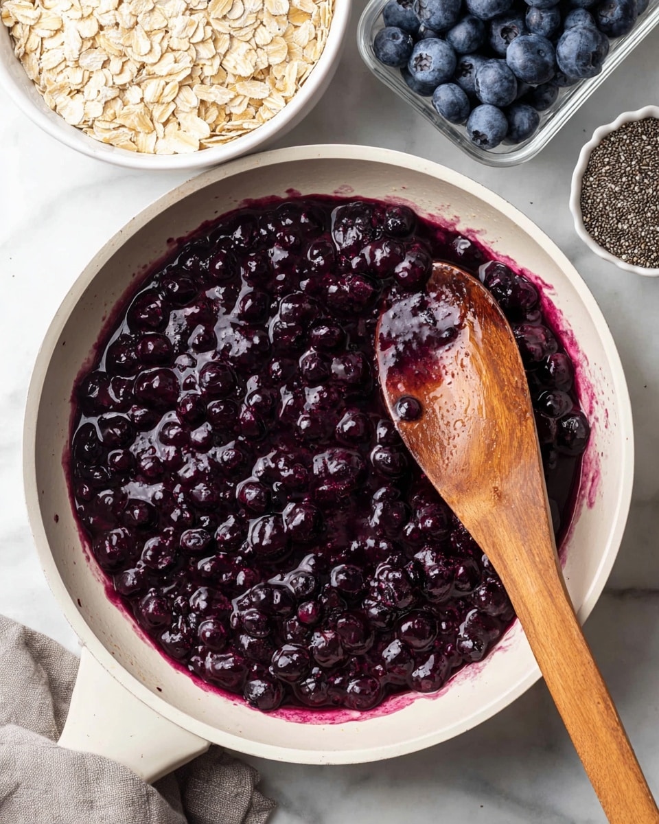 A white skillet is filled with cooked dark purple blueberries that are soft and juicy, with a thick sauce coating them. A wooden spoon rests on the skillet, stained with the rich purple juice. Around the skillet, there is a white bowl on the top left filled with dry light beige oats, a clear plastic container of fresh dark blue blueberries on the top right, and a small white bowl with black chia seeds in the bottom right corner, all placed on a white marbled surface. photo taken with an iphone --ar 4:5 --v 7
