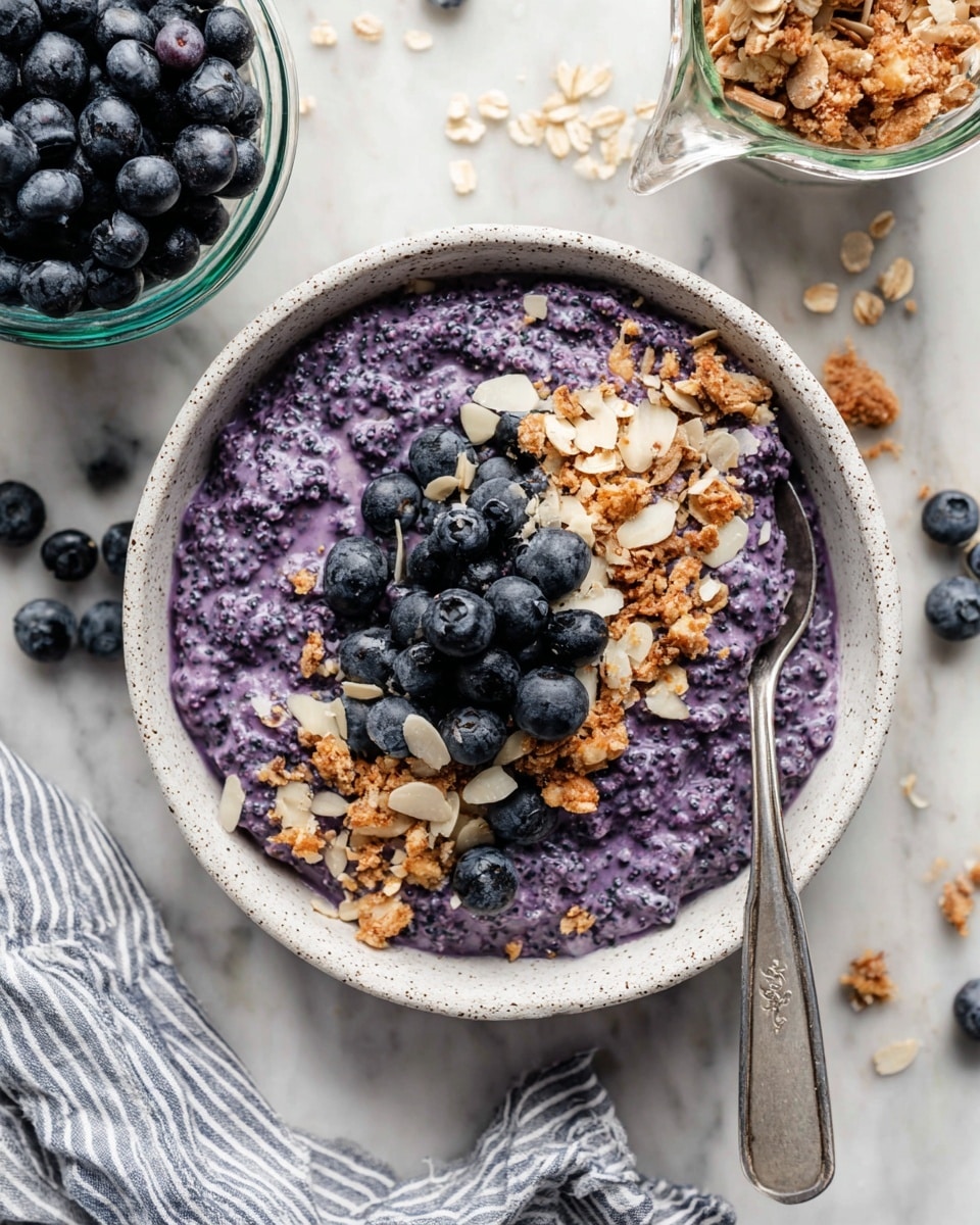 A clear glass jar filled with three layers stands on a white marbled surface. The bottom layer is a purple chia pudding with a textured, slightly grainy look. Above this is a thick layer of fresh blueberries, dark blue and round. Topping the jar is a layer of golden-brown granola pieces, adding a crunchy texture. A white spoon is placed inside the jar, sticking up through the top. Around the jar, scattered blueberries and granola pieces add a natural, casual look. In the background, more jars with the same layers are slightly blurred, with a white tiled wall behind them. Photo taken with an iphone --ar 4:5 --v 7
