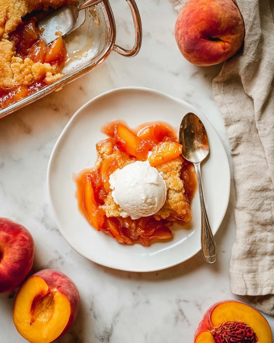 A white plate holds a slice of peach cobbler with a golden-brown crust on the right side, showing soft baked peaches in a thick orange-red sauce on the left side. On top of the cobbler sits a round scoop of white vanilla ice cream, starting to melt slightly. A silver spoon rests on the right edge of the plate, partially under the crust. Nearby on a white marbled surface, ripe peaches—one whole and one cut in half showing the seed—are placed around the plate. A glass baking dish with the remaining peach cobbler is at the top left corner, with a metal spatula resting inside. A beige linen cloth is folded at the upper right corner. photo taken with an iphone --ar 4:5 --v 7