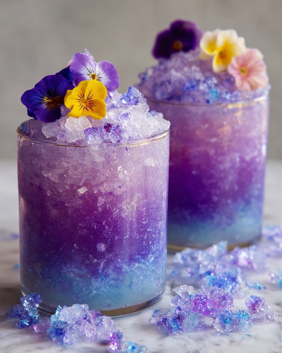 Two clear glasses filled with three layers: the bottom is crushed ice with a light blue tint, the middle is a thick purple liquid with a smooth texture, and the top is a mound of crushed clear ice. Each glass is garnished with three small edible flowers in purple, yellow, and pale pink colors placed on top of the ice. More crushed ice in light blue and purple shades is scattered on a white marbled surface around the glasses. Photo taken with an iphone --ar 4:5 --v 7
