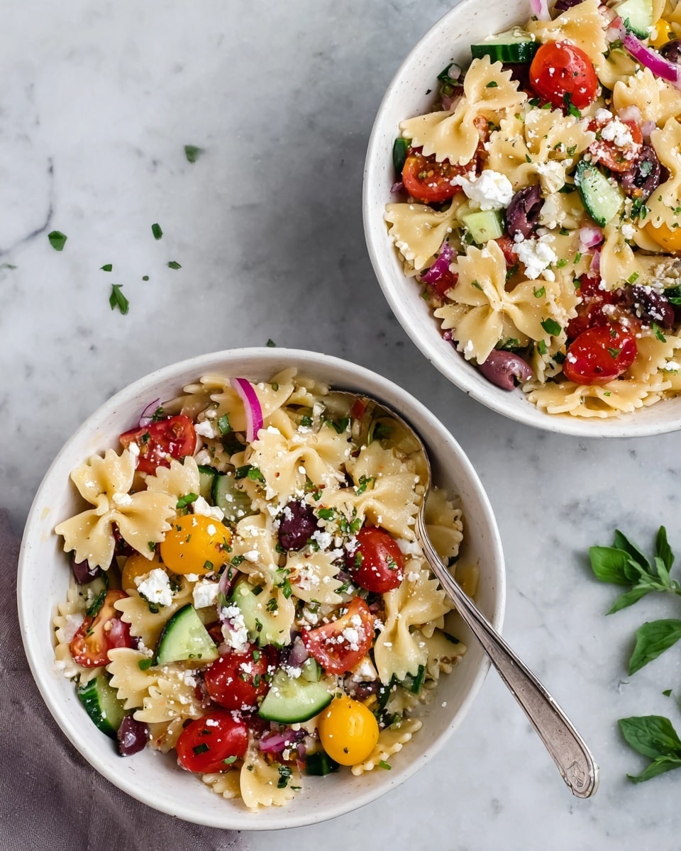 A white bowl filled with a colorful pasta salad featuring three main layers: the base is light beige bowtie pasta with a smooth texture, mixed with bright red cherry tomatoes and small pieces of yellow tomatoes scattered throughout. The middle layer has slices of purple-red onions and dark purple olives adding contrast. The top layer is sprinkled with white crumbled cheese and chopped green herbs like parsley, with a silver fork placed inside the bowl resting against the side. The bowl is set on a white marbled surface with some green herbs slightly visible in the background, and there is a second white bowl with the same salad partly visible behind it photo taken with an iphone --ar 4:5 --v 7