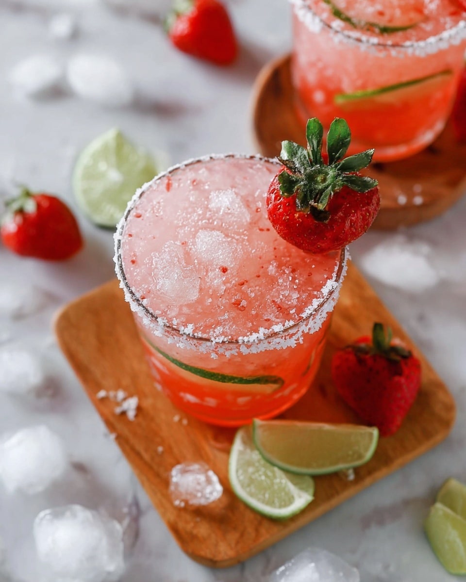 A clear glass filled with a bright red drink and ice sits on a wooden board over a white marbled surface. Inside the glass are two thin, round lime slices positioned vertically. The glass rim is coated with coarse salt and garnished with a half strawberry, red with green leaves, perched on the edge. Around the glass, there are whole and halved strawberries and lime wedges scattered on the surface, along with some small pieces of crushed ice. In the blurred background, there are three more similar glasses with the same red drink and strawberries on the rims. photo taken with an iphone --ar 4:5 --v 7