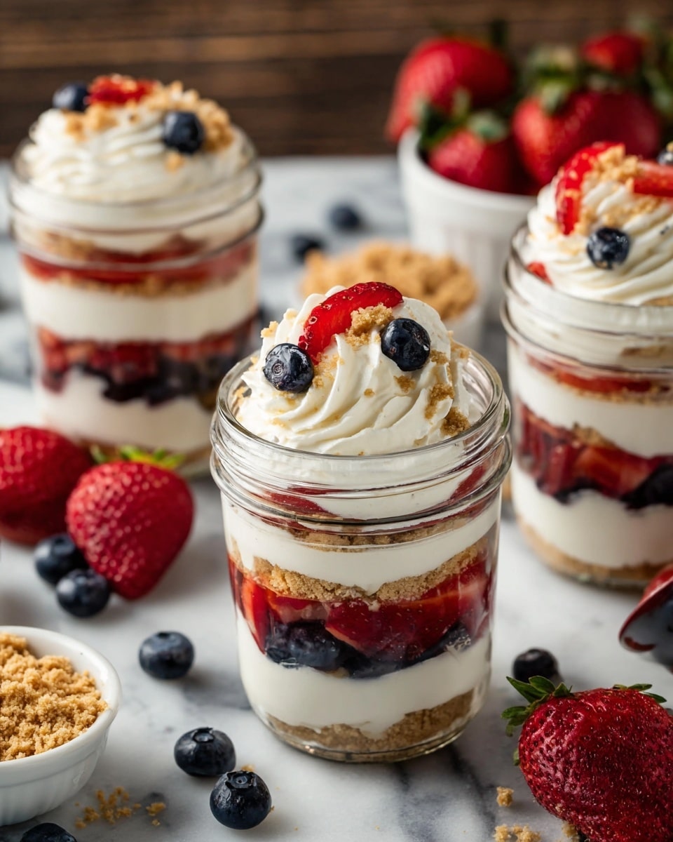 The image shows a clear glass jar filled with five distinct layers: a bottom layer of light brown crumbly texture, followed by a layer of mixed blueberries and sliced strawberries, next a thick white creamy layer, another layer of light brown crumbs, and on top a swirl of white cream garnished with whole blueberries and small strawberry pieces. The jar is placed on a white marbled surface, with fresh strawberries and blueberries scattered around and a white bowl holding more strawberries in the background. The image is close-up with natural lighting showing the fresh textures and colors vividly. photo taken with an iphone --ar 4:5 --v 7