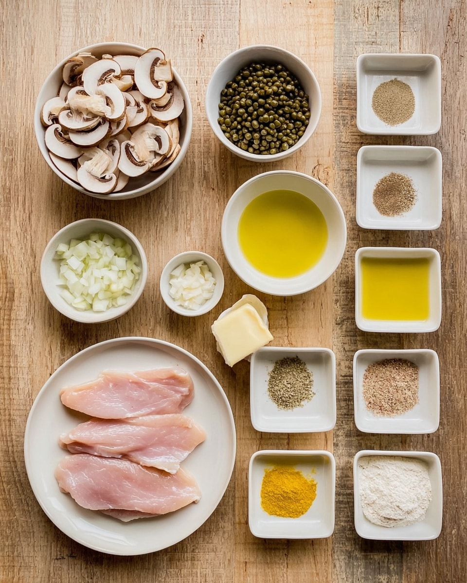 A white plate holds a two-layer meal: at the bottom, a nest of light yellow fettuccine pasta with a smooth texture, topped by a creamy white sauce-covered piece of chicken that is thick and soft. The chicken is covered with a creamy mushroom sauce that is pale and rich, dotted with small green capers and thin slices of light beige mushrooms, all sprinkled with chopped fresh green parsley. On the side of the plate are halved cherry tomatoes showing bright red flesh and seeds. Nearby on the light wooden surface with a white marbled texture, a spoon with some of the creamy sauce is resting next to small glass salt and pepper shakers, a vintage silver tray with creamy mushroom sauce inside, a few whole brown mushrooms, lemon wedges, and a colorful cloth napkin. photo taken with an iphone --ar 4:5 --v 7