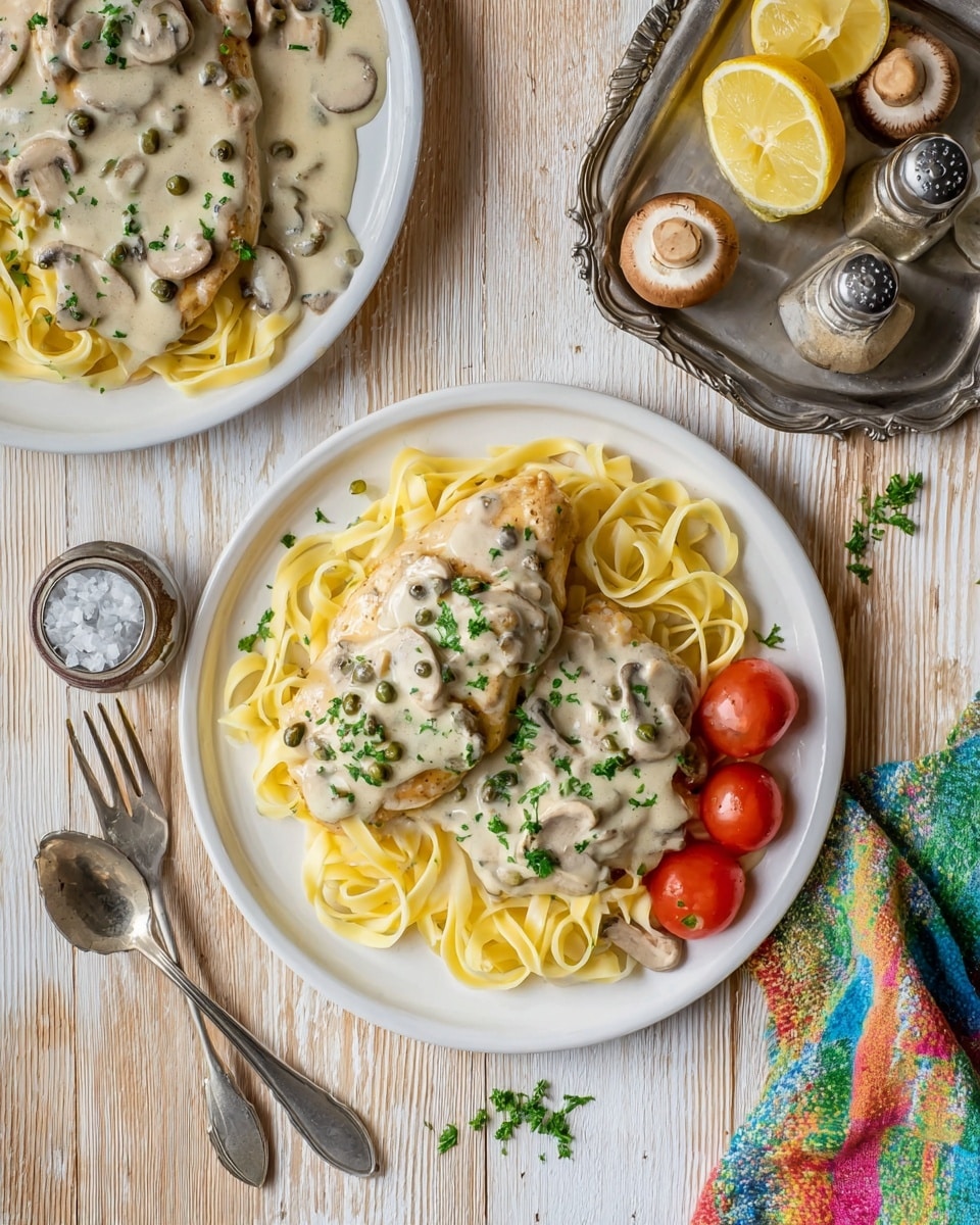 A close-up image shows a piece of cooked chicken covered in creamy white sauce with small green capers and thin slices of mushrooms on top. The chicken is held by a gold spatula above a white round pan filled with the same creamy sauce that includes mushroom slices, capers, lemon wedges, and some small red pieces, all sprinkled with finely chopped green herbs. The background surface has a white marbled texture. Photo taken with an iphone --ar 4:5 --v 7