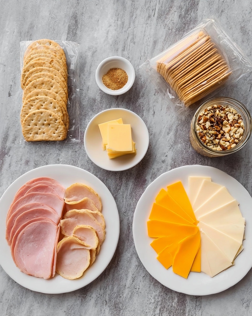 A tall stack of small round crackers and melted cheese with thin slices of grilled turkey between each layer sits on a white plate. The stack has multiple layers, alternating between golden-brown crispy crackers, white melted cheese with some charred edges, and thin light brown grilled turkey slices that peek out on the sides. A woman's hand is gently holding the top cracker, lifting it slightly. The background has a white marbled texture and the photo focuses closely on the stack to show the different textures and colors clearly. photo taken with an iphone --ar 4:5 --v 7