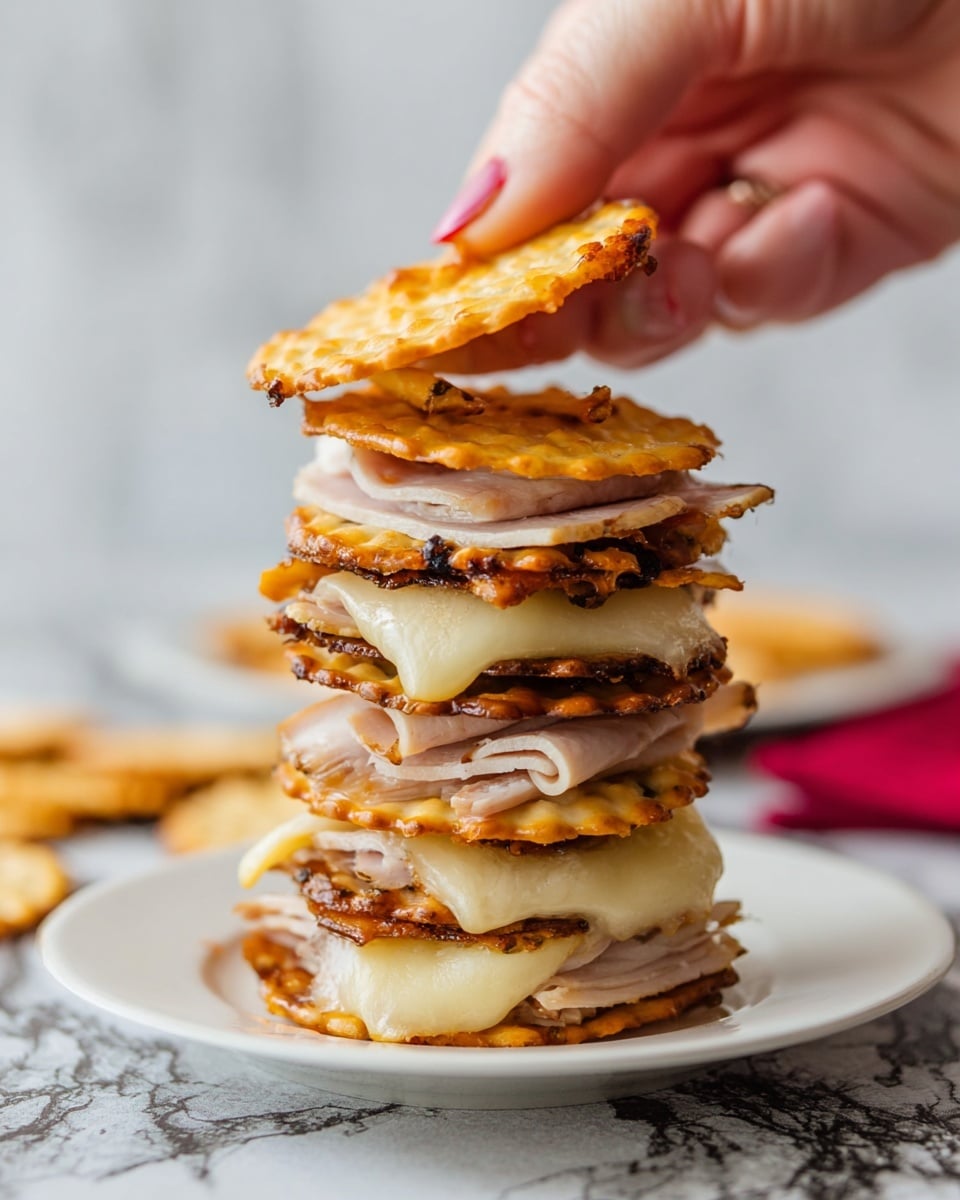 The image shows a tray full of small sandwich stacks arranged in rows. Each stack has three layers: at the bottom, thin slices of white onion with a slightly soft texture, followed by a slice of melted cheese in either yellow or white, and topped with a light brown round cracker sprinkled with black and white sesame seeds and a bit of seasoning. The crackers have a crispy texture and are evenly browned. The tray holding the stacks is white and placed on a white marbled surface. Photo taken with an iphone --ar 4:5 --v 7