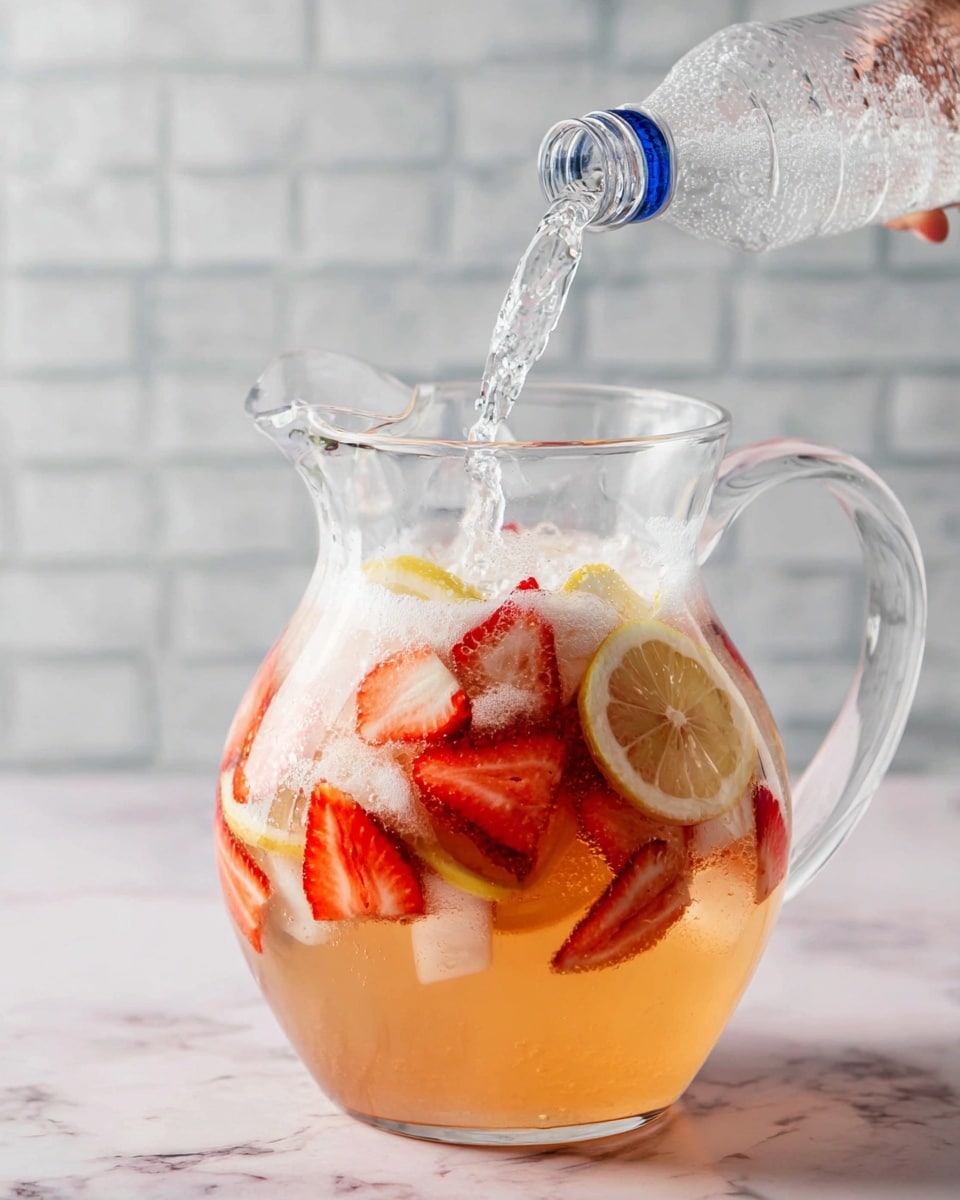 The image shows a clear glass filled with a light peach-colored drink. Inside the glass, there are slices of red strawberries and yellow lemon wedges floating in the drink, creating a bright and fresh look. On the rim of the glass, a whole red strawberry with green leaves and a curved yellow lemon slice are placed, adding extra color and decoration. The glass sits on a round white plate with small bead-like details on its edge, and the background is a soft white marbled texture with a blurred second glass partially visible. A piece of light pink fabric is at the front right corner of the image. photo taken with an iphone --ar 4:5 --v 7