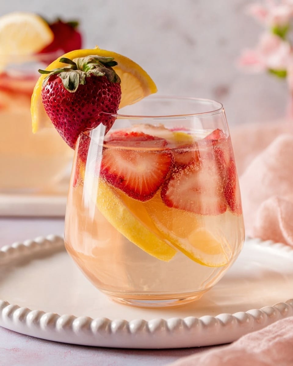 A clear glass pitcher filled with three main layers of fruit and liquid: the bottom layer is a light pink liquid, the middle layer shows thin slices of green pear with smooth skin and white inside, and the top layer has bright red strawberry slices with their seeds visible. The pitcher has a wide spout and a clear handle, placed on a white marbled surface with a soft pink lace cloth partially visible in the foreground. Fresh strawberries, a halved lemon, and a lime sit around the pitcher, with a blurred vase of white flowers and a white chair with a wooden wall behind it. Photo taken with an iphone --ar 4:5 --v 7