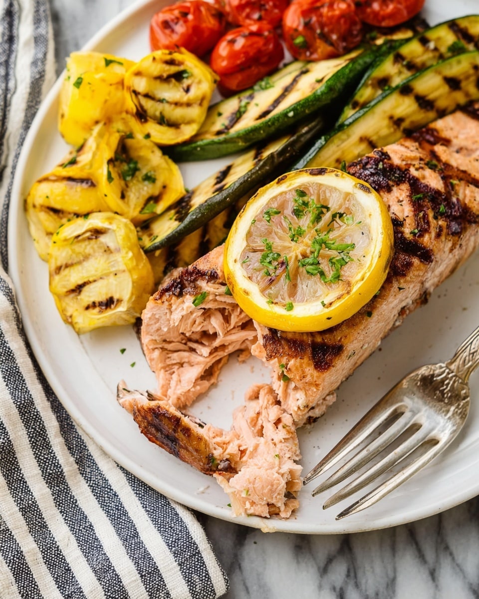 A white plate with a cooked salmon fillet on the right showing a torn section revealing soft, pink layers inside the fish. On top of the salmon is a grilled lemon slice with slightly dark edges and a sprinkling of green herbs. To the left of the salmon are grilled vegetables including yellow pieces with charred grill lines, green zucchini slices with dark stripes, and some cherry tomatoes. The whole dish is placed on a white marbled surface with part of a striped cloth visible at the bottom. A fork is resting near the torn salmon. Photo taken with an iphone --ar 4:5 --v 7