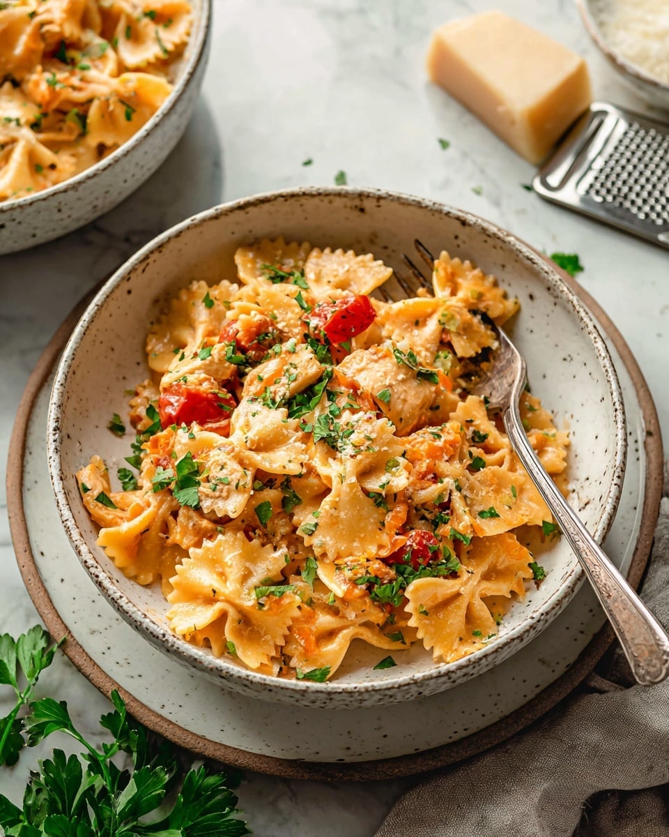 A white speckled bowl filled with layered bow-tie pasta coated in creamy orange sauce, with visible pieces of light brown cooked chicken, small red tomato slices, and bright green chopped parsley scattered on top; a silver fork rests inside the bowl. The bowl sits on a larger white speckled plate, all placed on a white marbled surface, with a second similar bowl partially visible near the top left corner. A metal grater and block of cheese on a white plate are blurred in the background on the right, and some fresh parsley leaves lie near the bottom left. The scene has soft, natural lighting. photo taken with an iphone --ar 4:5 --v 7