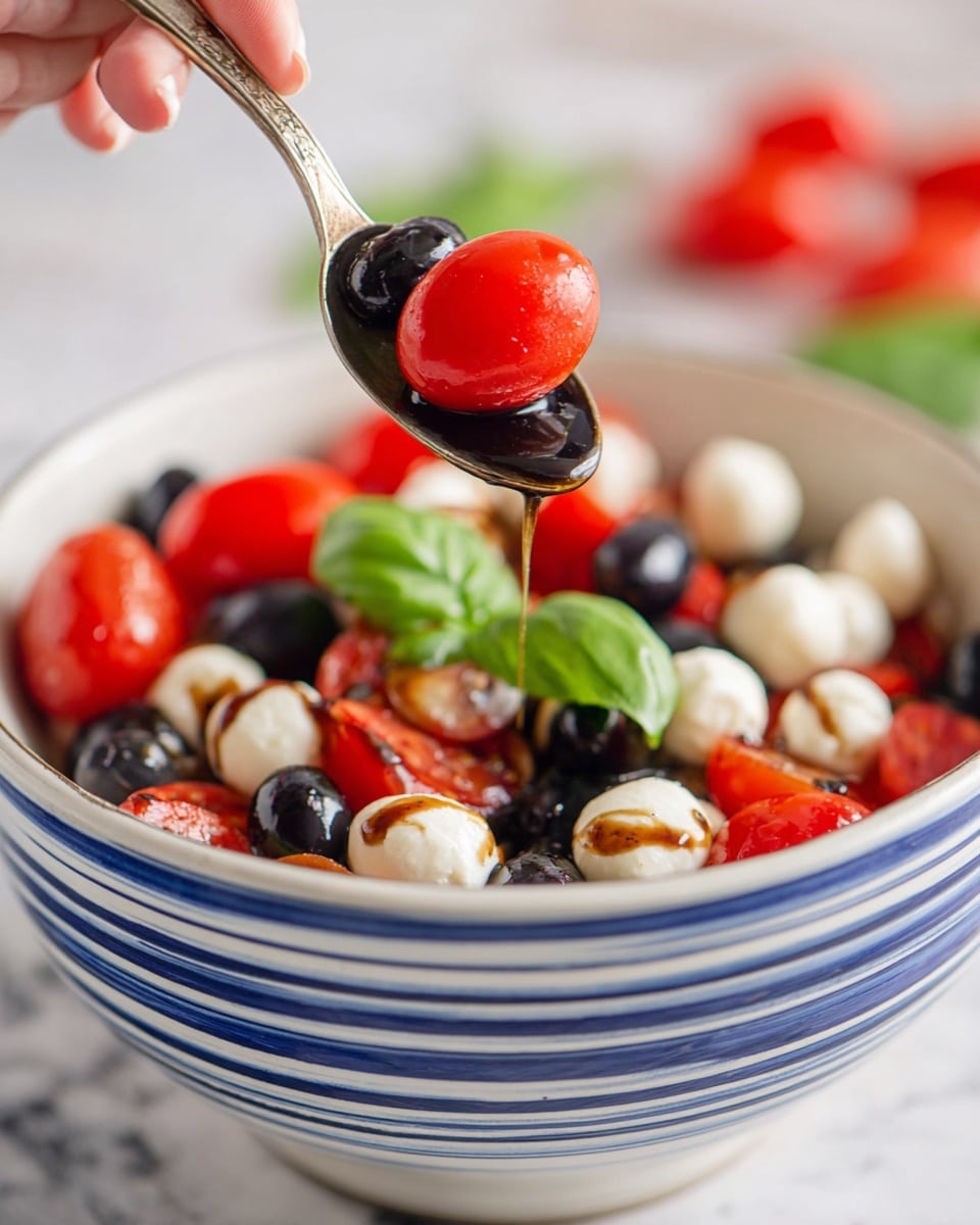 A close-up image shows a white bowl with blue stripes on a white marbled surface, filled with a fresh salad made of bright red cherry tomatoes, small white mozzarella balls, and shiny black olives. On a silver spoon held above the bowl by a woman's hand, there are three red cherry tomatoes, one shiny black olive, one white mozzarella ball, and two green basil leaves drizzled with dark balsamic glaze. The background is softly blurred with parts of more salad visible. Photo taken with an iphone --ar 4:5 --v 7