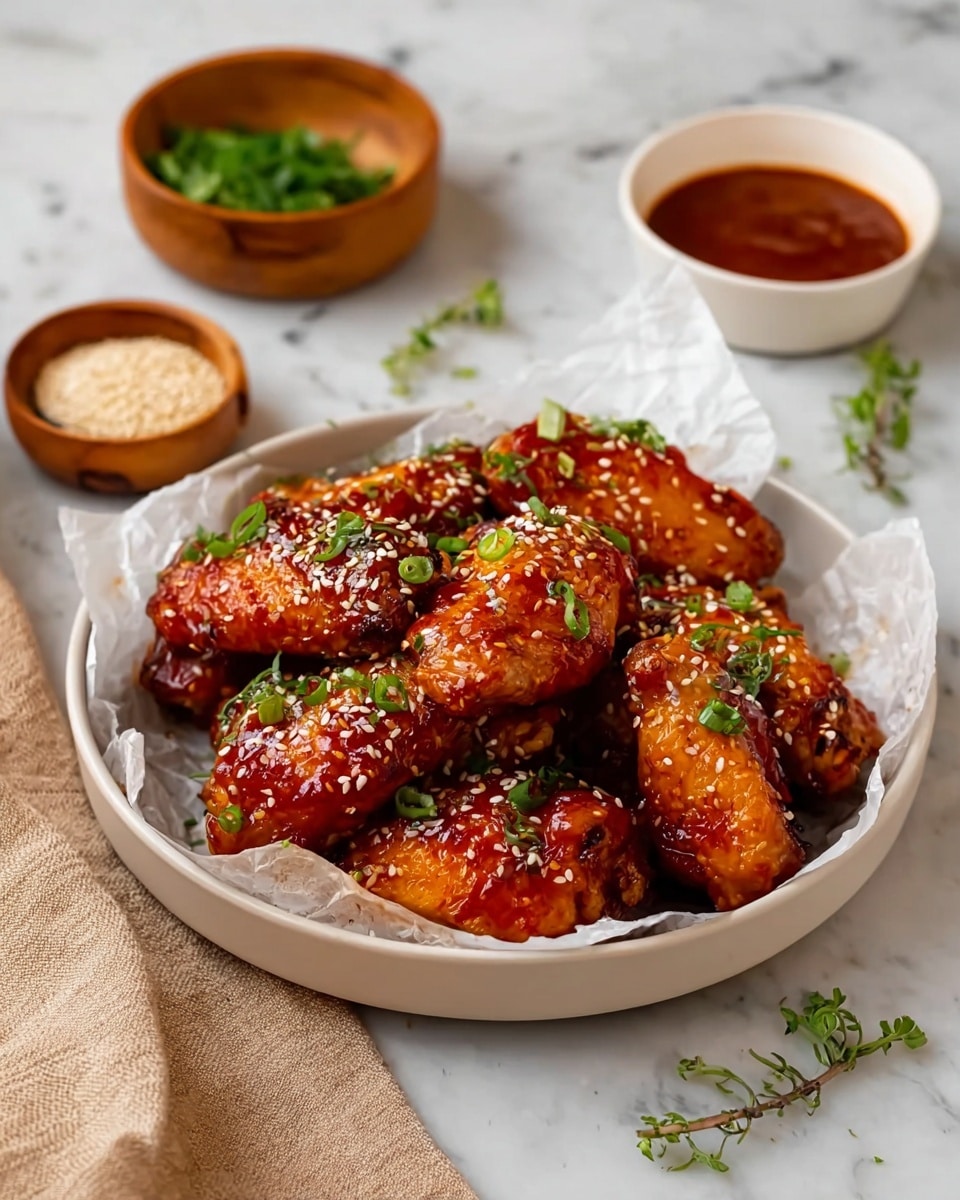 A white plate lined with white parchment paper holds eight glazed chicken wings that are deep orange-red with a shiny, sticky glaze and scattered white sesame seeds on top. Bright green sliced scallions are sprinkled over the wings and some are placed around the plate. Around the plate, there are small wooden bowls with more sliced green scallions and dark red sauce, along with a wooden spoon filled with white sesame seeds, all set on a white marbled surface. A beige cloth napkin is folded beside the plate. Photo taken with an iphone --ar 4:5 --v 7