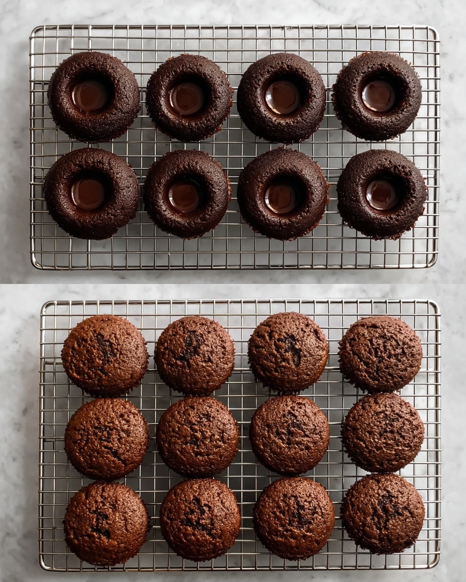 The image shows two chocolate cupcakes on a wooden board with a white paper liner beneath. One cupcake in the front has a bite taken from it, revealing a moist and dark brown inside, while the other cupcake in the back is whole. Each cupcake is topped with a swirl of light beige cream frosting that is smooth and fluffy, with a single dark brown coffee bean placed on the peak of the frosting. The wrappers of the cupcakes are a dark brown color, complementing the rich color of the cake. A blurry bottle with a yellow label and black cap is seen in the background against a white marbled texture. Photo taken with an iphone --ar 4:5 --v 7