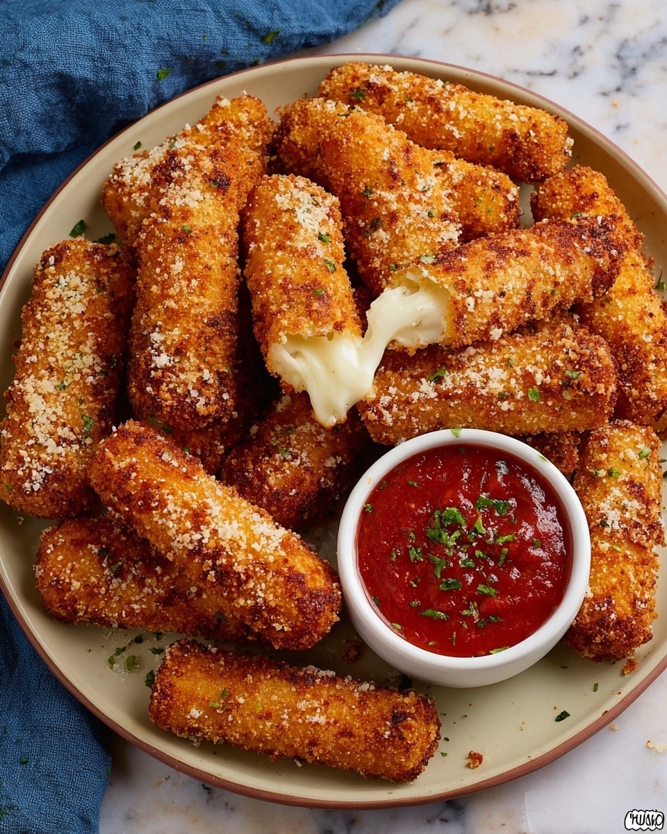A round plate holds fifteen golden-brown, crispy mozzarella sticks arranged closely in a circular pattern. One mozzarella stick, placed near the center, is bitten into, showing melted white cheese inside. A small round white bowl filled with thick red marinara sauce garnished with green herbs sits on the right side of the plate. The plate rests on a white marbled surface with a blue cloth partially visible on the top left side. The texture of the mozzarella sticks appears crunchy with small bread crumb pieces covering them evenly photo taken with an iphone --ar 4:5 --v 7