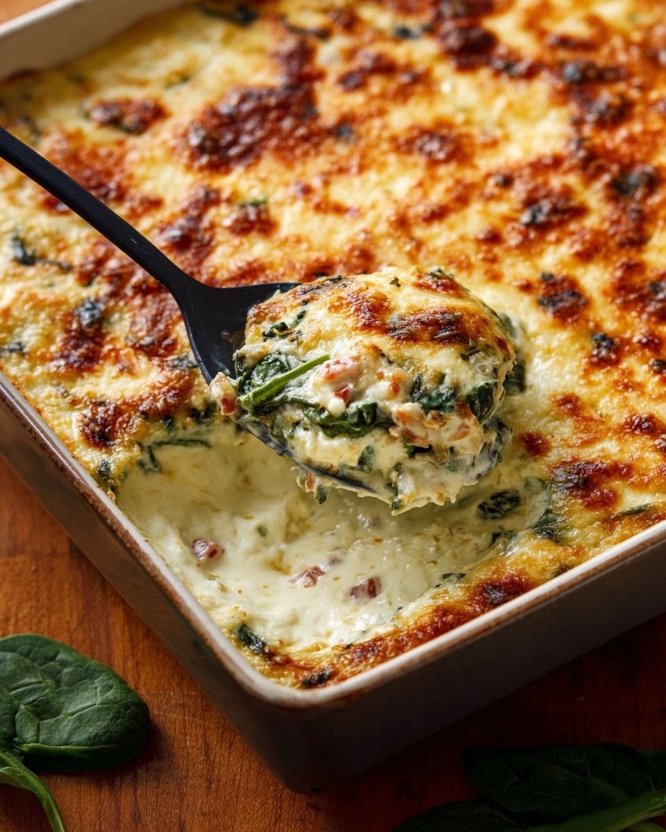 A close-up view of a creamy, cheesy spinach dip in a square baking dish with a golden-brown bubbly cheese top layer, showing slight melting and browned spots around edges. Beneath the cheese is a thick, white creamy layer mixed with green spinach leaves and small bits of other ingredients like diced tomatoes. A black spoon is scooping out part of the dip, revealing the creamy layers and spinach inside. The dish is placed on a wooden surface with some green spinach leaves partially visible. Photo taken with an iphone --ar 4:5 --v 7