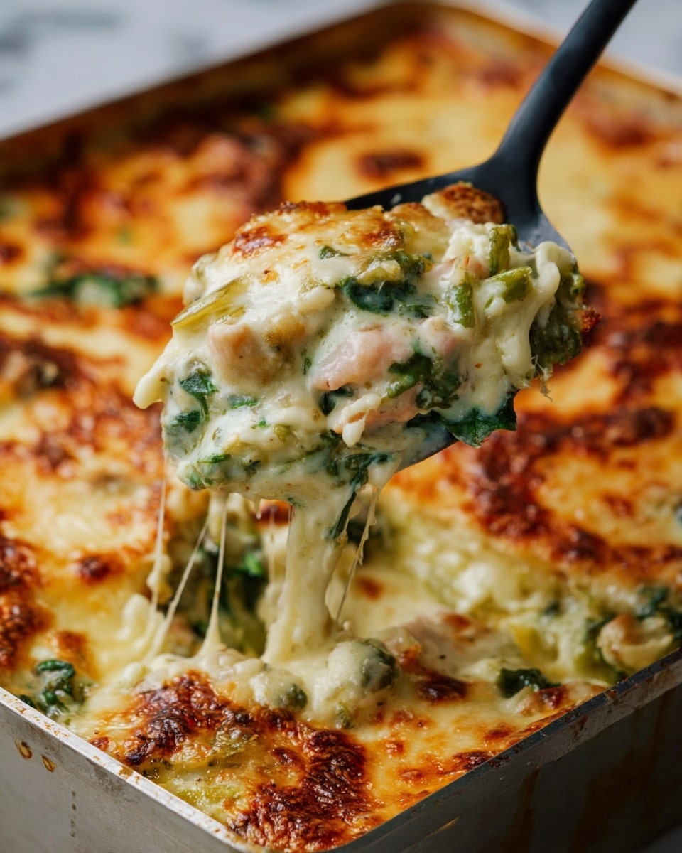 The image shows a square baking dish filled with a creamy, baked spinach dip topped with a layer of melted, golden-brown cheese. The dip has visible green spinach leaves and chunks of a white, creamy mixture mixed with bits of a pale pink ingredient, likely ham or bacon, under the cheese layer. A spoon is scooping out a portion from the bottom right corner, revealing a thick, creamy texture inside with layers of white creamy sauce, green spinach, and pink bits. The baking dish is placed on a wooden surface with scattered black pepper grains, and some tortilla chips and fresh spinach leaves are nearby. photo taken with an iphone --ar 4:5 --v 7