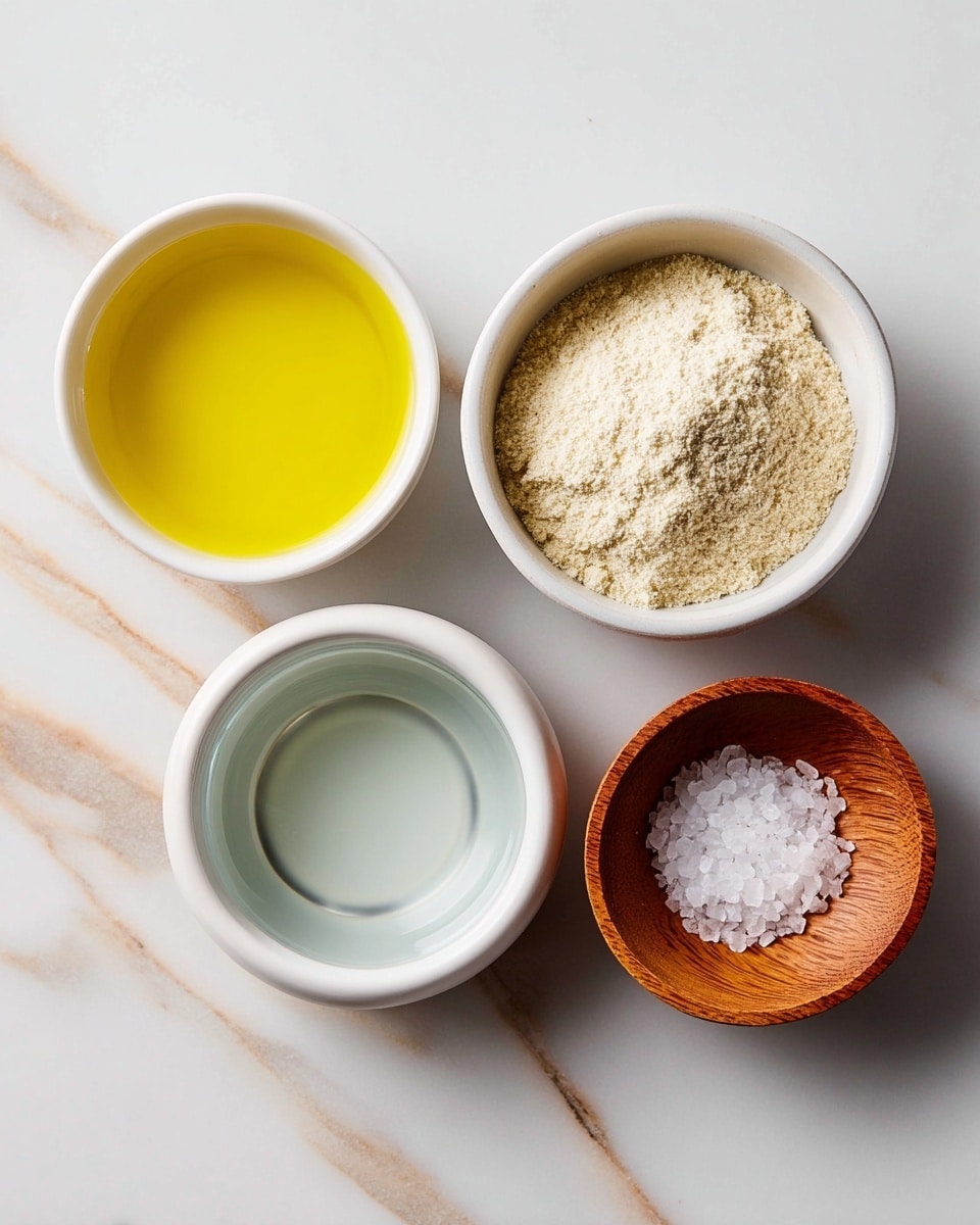The image shows four small containers placed on a white marbled surface. In the top left, there is a white bowl filled with bright yellow oil. To its right, a white bowl holds a fine, light beige powder. Below the oil, another white bowl contains a clear liquid. In the bottom right, a small wooden bowl holds a small amount of white salt crystals. The arrangement is simple and clean, with each container clearly showing its contents. Photo taken with an iphone --ar 4:5 --v 7