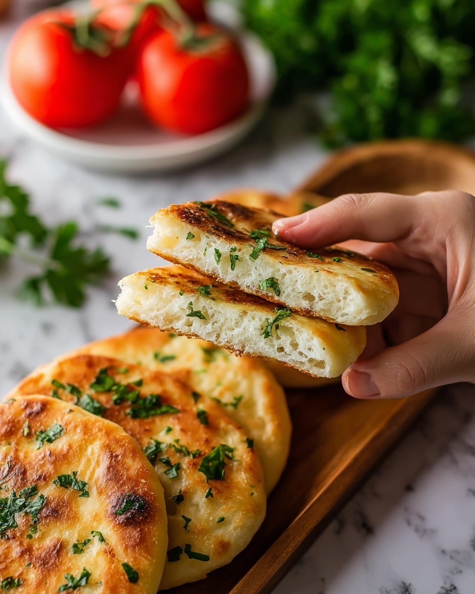 The image shows eight round flatbread pieces placed on a wooden board, arranged in two uneven rows with some overlapping. Each flatbread has a light golden color with some darker toasted spots and is sprinkled with small pieces of green herbs. The background is a white marbled texture, with a few cherry tomatoes and green herb leaves visible on the top left side. The overall look is fresh and warm, with the flatbreads showing a slightly crispy texture on the edges. photo taken with an iphone --ar 4:5 --v 7