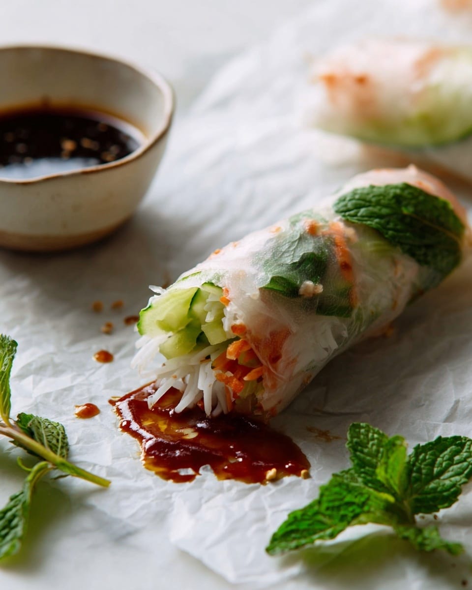 The image shows several fresh spring rolls placed on a white marbled surface. Each spring roll has a translucent rice paper wrap that reveals layers inside, including thin white noodles, green cucumber strips, orange shredded carrot, and fresh mint leaves with dark green color. The rolls are uneven in size and shape, loosely rolled with visible texture from the vegetables and noodles inside. On the right side, there is a small white bowl filled with dark brown dipping sauce topped with small red chili flakes. Small scattered red chili flakes and green mint leaves decorate the marbled surface around the spring rolls. Photo taken with an iphone --ar 4:5 --v 7
