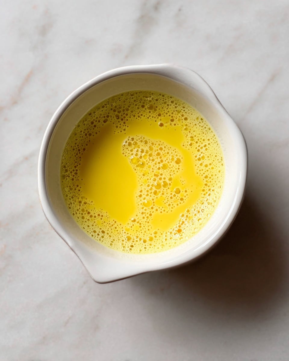 A top view of a small white ceramic bowl filled with a smooth, yellow liquid that has small bubbles on the surface, placed on a white marbled texture. The liquid looks creamy and evenly mixed, filling most of the bowl with a slight frothy texture around the edges. Photo taken with an iphone --ar 4:5 --v 7