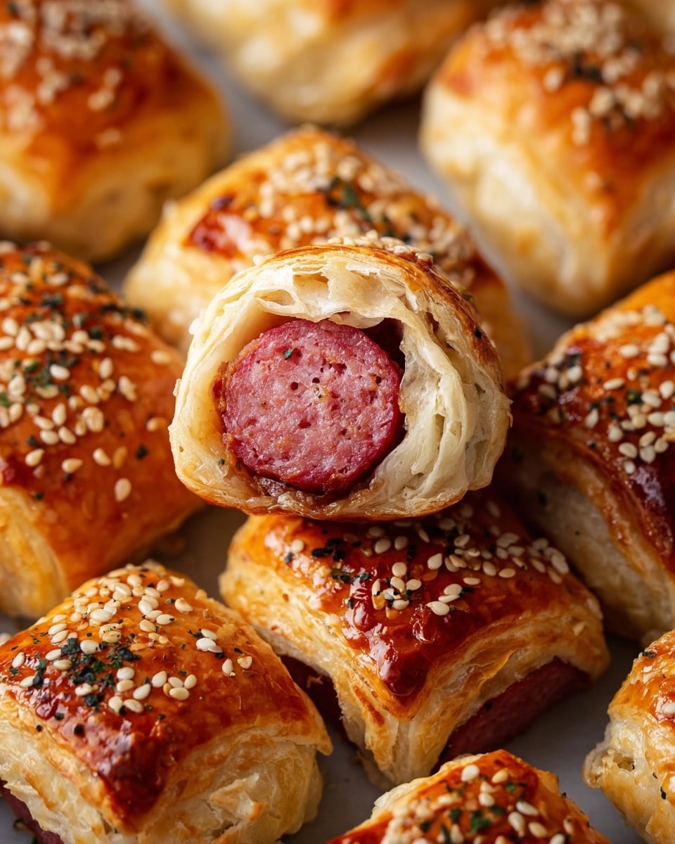 The image shows many small sausage pieces wrapped in golden brown puff pastry, each topped with a mix of white and black sesame seeds and small bits of seasoning. The sausages are a dark reddish color and peek out from each pastry wrap. On the left side, there is a white bowl with smooth yellow mustard sauce inside, all placed on a white marbled surface. The pastries have a flaky texture and are close together in a casual arrangement photo taken with an iphone --ar 4:5 --v 7
