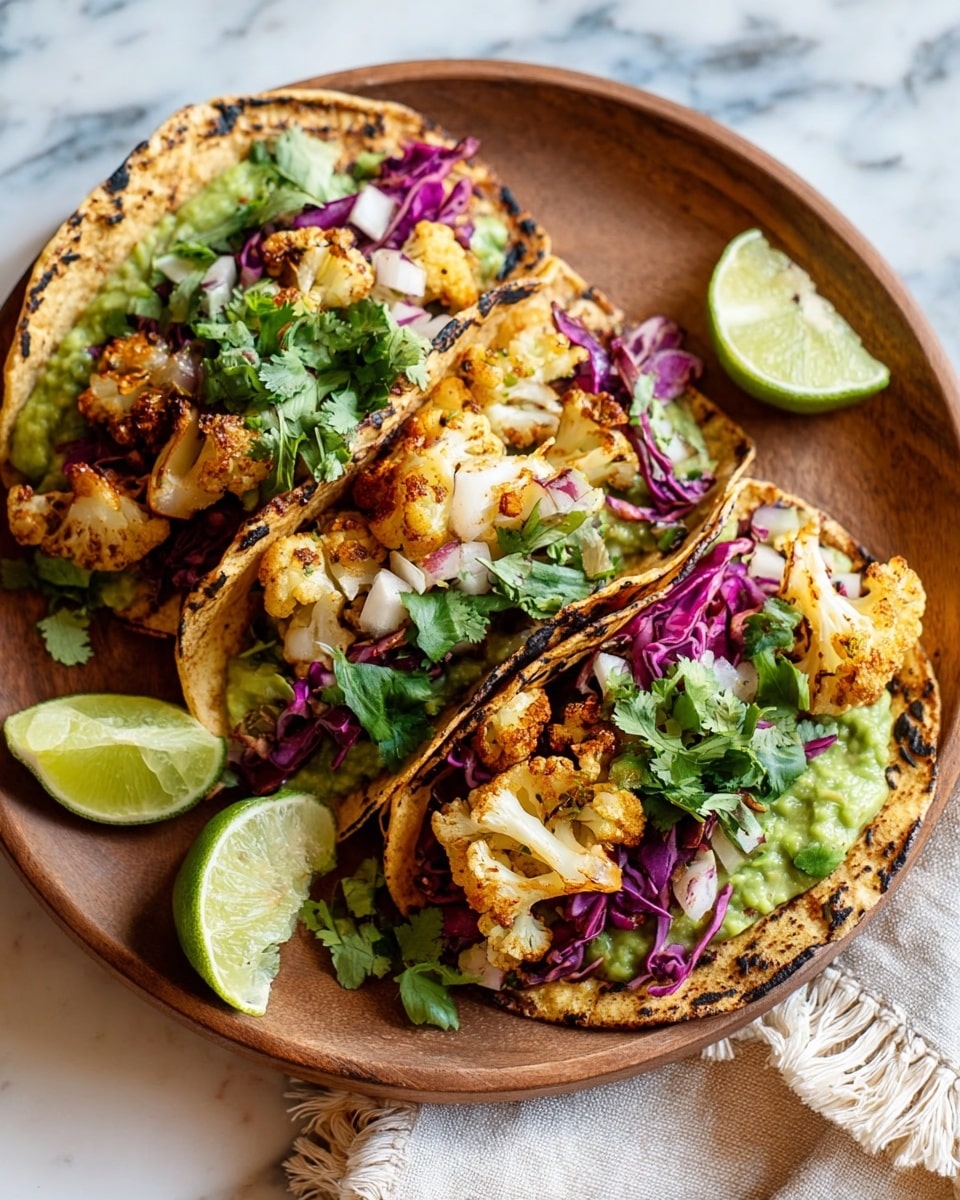 Three toasted corn tortillas with charred edges lie on a round wooden plate, each tortilla layered with bright green guacamole spread as the base. On top, there are roasted light golden-brown cauliflower florets and caramelized onion pieces, followed by a mix of shredded purple and white cabbage for a crunchy texture. Fresh green cilantro leaves are scattered above for a pop of color. Beside the tacos, there are two lime wedges with bright green skin. The plate rests on a surface with a white marbled texture and a light beige cloth with fringed edges partially visible. Photo taken with an iphone --ar 4:5 --v 7