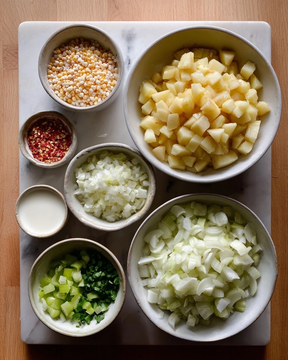The image shows seven bowls with different food items arranged on a white marbled surface. In the center, there is a large white bowl filled with pale yellow corn kernels. Above it, slightly to the right, is a medium white bowl filled with diced light yellow potatoes. To the left of the potatoes is a small white bowl holding finely chopped white garlic. Below the potatoes is a small white bowl with a white liquid, likely milk or cream. To the bottom left of the corn bowl, there is a medium white bowl filled with chopped white onions. Below the onions is a small white bowl containing chopped light green celery. Finally, at the top left, there is a very small white bowl holding a pink and red spice mix. The arrangement is neat and viewed from above. Photo taken with an iphone --ar 4:5 --v 7