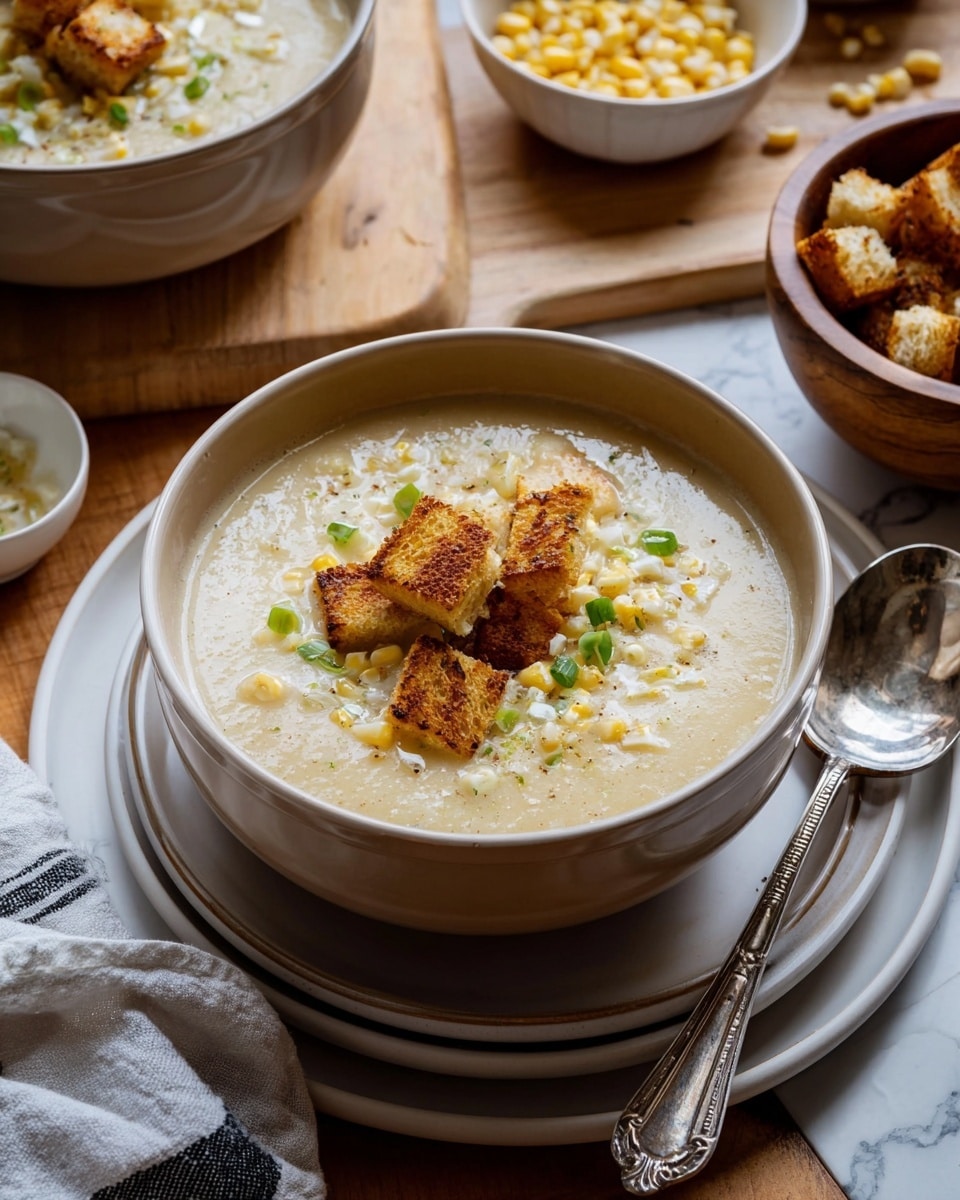 The image shows a bowl of creamy soup with a light beige color, filled almost to the top. The soup has small white bits and a few slices of green onions floating on the surface. On top, there are several golden brown toasted croutons piled in the center. The bowl is white with a light taupe rim and sits on a matching white plate. A silver spoon with an ornate handle rests inside the bowl. Around the bowl, there are small bowls with corn kernels and toasted croutons. A white cloth with black stripes is loosely placed next to the bowl on a wooden surface. The background has a white marbled texture visible at the edges. photo taken with an iphone --ar 4:5 --v 7