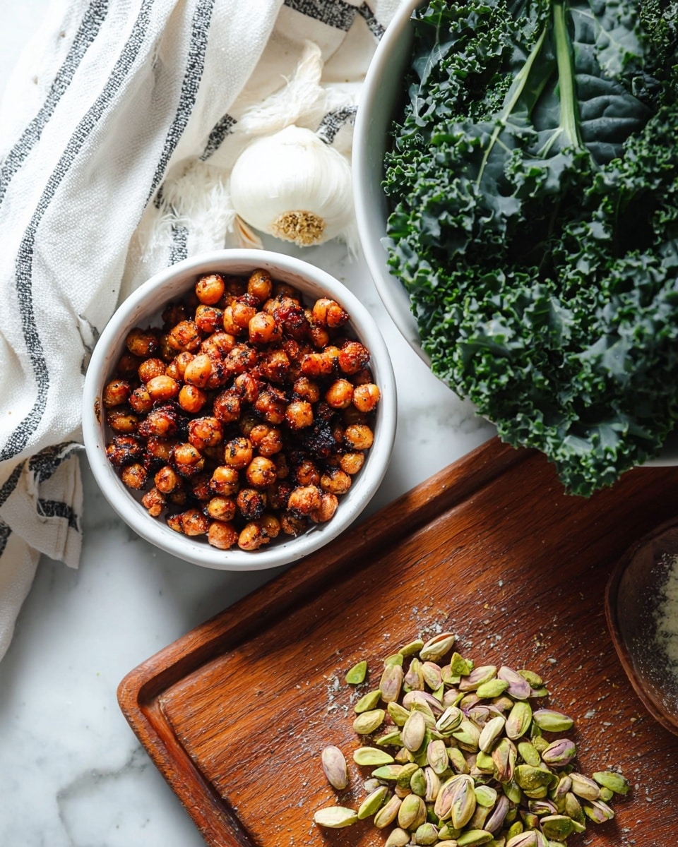 A large white bowl filled with three main layers: the bottom layer is finely chopped dark green kale with a slightly shiny, wet texture, the middle layer consists of scattered roasted golden-brown chickpeas, and the top layer features thinly sliced avocado fanned out on one side, showing its smooth, pale green surface. A silver spoon rests inside the bowl on the right. Around the main bowl, there are three smaller white dishes, one containing extra roasted chickpeas, another with a creamy yellow dressing, and the last partially visible with more kale and chickpeas. All items are placed on a white marbled surface. photo taken with an iphone --ar 4:5 --v 7