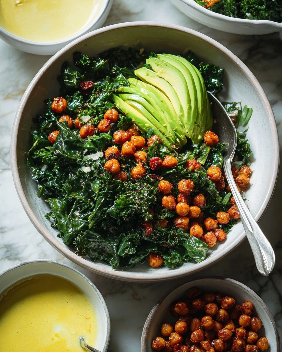 The dish is served in a white bowl on a white marbled surface. It has three main layers: at the bottom, there is a bed of dark green, curly kale with a slightly rough texture. Scattered across the kale are round, roasted chickpeas with a crispy, golden brown skin. On top of the kale and chickpeas, there are drizzles of a light green sauce with a creamy texture. Half of an avocado, sliced thinly and fanned out, is placed on the side, showing its smooth, bright green flesh. A silver spoon rests inside the bowl near the avocado. The photo is taken with an iphone --ar 4:5 --v 7