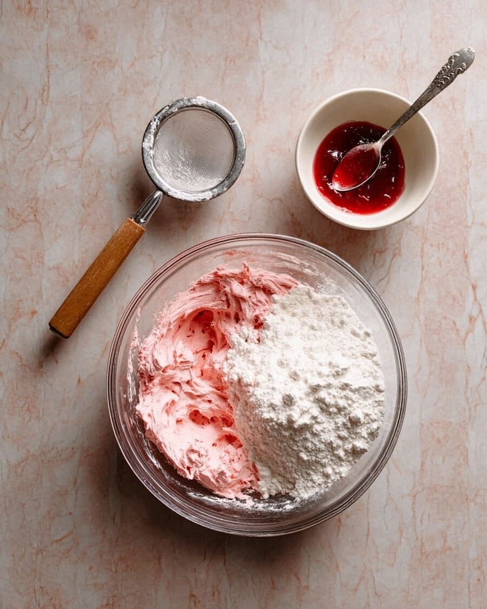 A small metal pan filled with chopped red strawberries sits on a white marbled surface with a few strawberry tops and slices placed nearby. The strawberries in the pan show bright red color with shiny seeds and a juicy texture. The pan has a long, thin bronze-colored handle extending to the right, contrasting with the fruit inside. Photo taken with an iphone --ar 4:5 --v 7