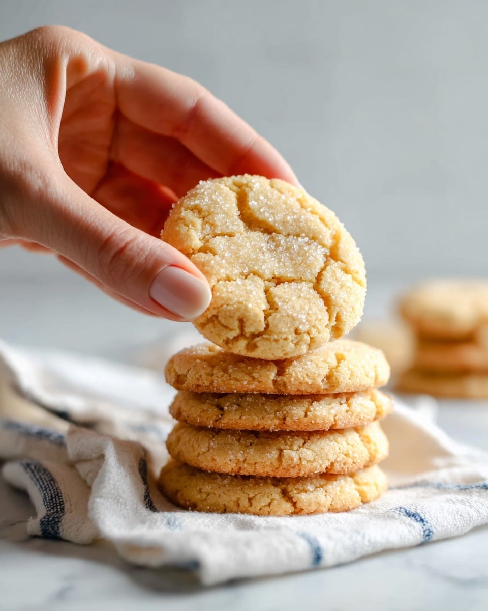 A close-up of a single light golden cookie with a cracked surface and sugar crystals, held gently between the thumb and fingers of a woman's hand in the foreground. Behind, there is a neat stack of four similar cookies resting directly on a white marbled surface, with a white cloth featuring blue stripes partly visible near the bottom. The background is clean and soft white without distractions, highlighting the cookies' texture. photo taken with an iphone --ar 4:5 --v 7