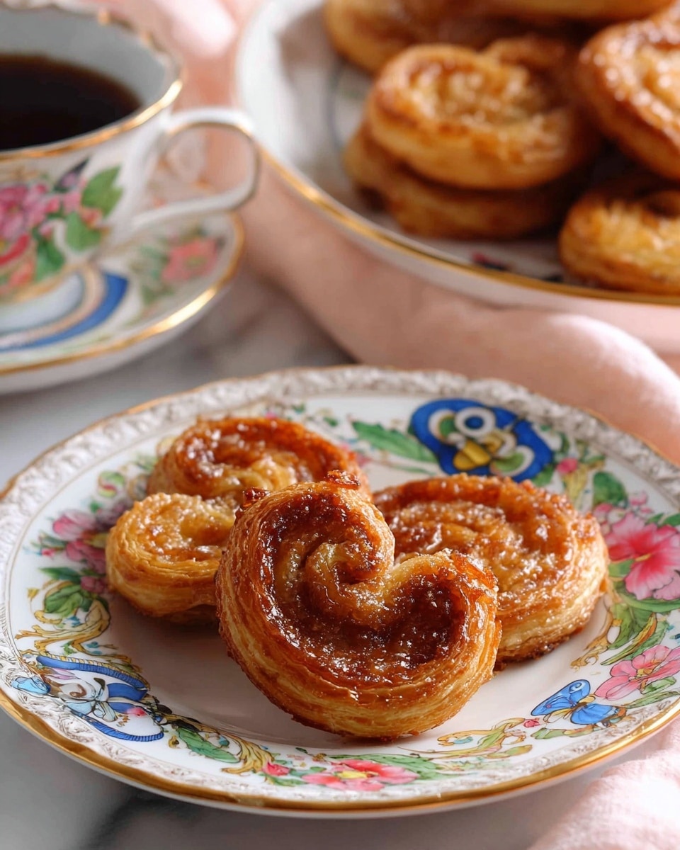 A close-up view of a few crispy, golden-brown palmier pastries with a shiny, caramelized sugar coating, placed on a white plate decorated with colorful floral and butterfly patterns and a blue and gold rim. In the background, there is more palmier pastries on a white plate, and part of a white cup with matching floral patterns filled with dark coffee is visible on a white marbled surface with a soft pink cloth underneath. The texture of the palmier pastries looks flaky and layered. Photo taken with an iphone --ar 4:5 --v 7