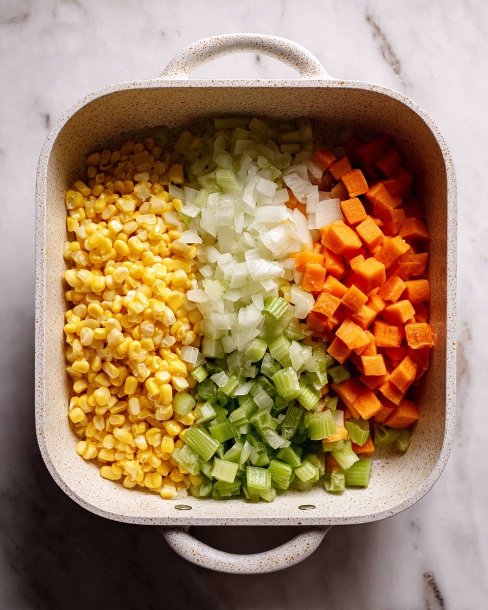 The image shows two white handled round ceramic dishes with golden brown baked pot pie crusts on top. The crust is shiny and slightly cracked in places, showing a creamy white filling underneath with visible pieces of orange carrots, yellow corn, and pale green celery. The pot pie crusts are sprinkled with small green herb leaves. The dishes are set on a white marbled surface next to two silver spoons and a white plate with fresh green thyme sprigs. A white and black checkered cloth is partially visible at the bottom left corner. photo taken with an iphone --ar 4:5 --v 7