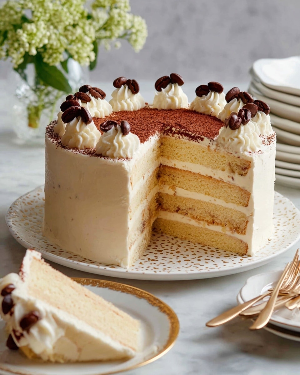 A slice of layered cake on a white plate sits in front, showing five light beige sponge layers separated by creamy yellow frosting. The side of the slice is covered with a light brown crumb coating and decorated with white whipped cream swirls and a small dark berry near the bottom. In the background, another similar cake slice is on a white plate next to a cup of black coffee in a white floral cup and saucer. A small clear vase with white flowers and green leaves adds softness to the scene. The surface beneath everything is a white marbled texture. photo taken with an iphone --ar 4:5 --v 7