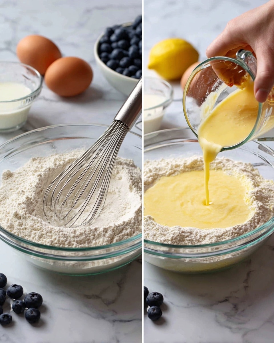 A stack of five golden brown pancakes sits on a white plate with small floral decorations. The pancakes have small dark spots from blueberries inside and are dusted lightly with powdered sugar. On top, there is a square of melted butter partially covered by syrup being poured from a small floral-patterned white pitcher. Around the butter, five fresh blueberries are placed on the top pancake. The syrup flows down the sides of the stack onto the white marbled surface below. Photo taken with an iphone --ar 4:5 --v 7