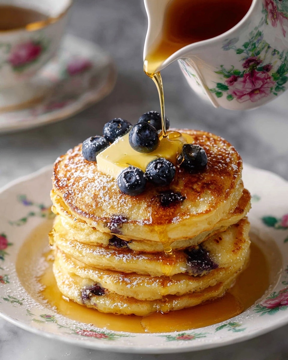 Two stacks of three blueberry pancakes each sit on white plates with small flower patterns, the top pancake on each stack topped with a square pat of melting yellow butter. The pancakes are golden brown with visible blueberries and syrup pooling around the base. Scattered fresh blueberries add a pop of deep blue color. In the background on a white marbled surface, a white dish holds a large block of yellow butter with several slices cut off and a butter knife resting beside it. A clear glass mug filled with light brown coffee or tea sits nearby, along with a white cup with light brown tea. The scene is softly lit and arranged with a pink cloth and golden cutlery for a cozy breakfast feel. Photo taken with an iphone --ar 4:5 --v 7