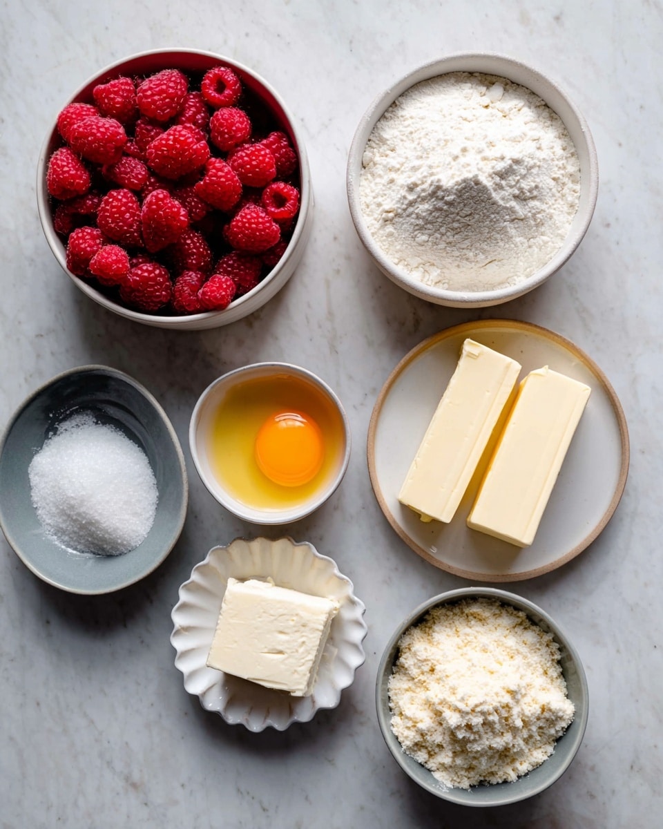 The image shows several small round raspberry pies on a white marbled surface. Each pie has a golden-brown crust with a lattice pattern made of three thick strips crossing over three thick strips, showing red raspberry filling with a slightly shiny texture underneath. The crust looks flaky and sprinkled with coarse sugar. To the right, there is a bowl filled with fresh, bright red raspberries, and a few loose raspberries are scattered around the pies on the surface. Photo taken with an iphone --ar 4:5 --v 7