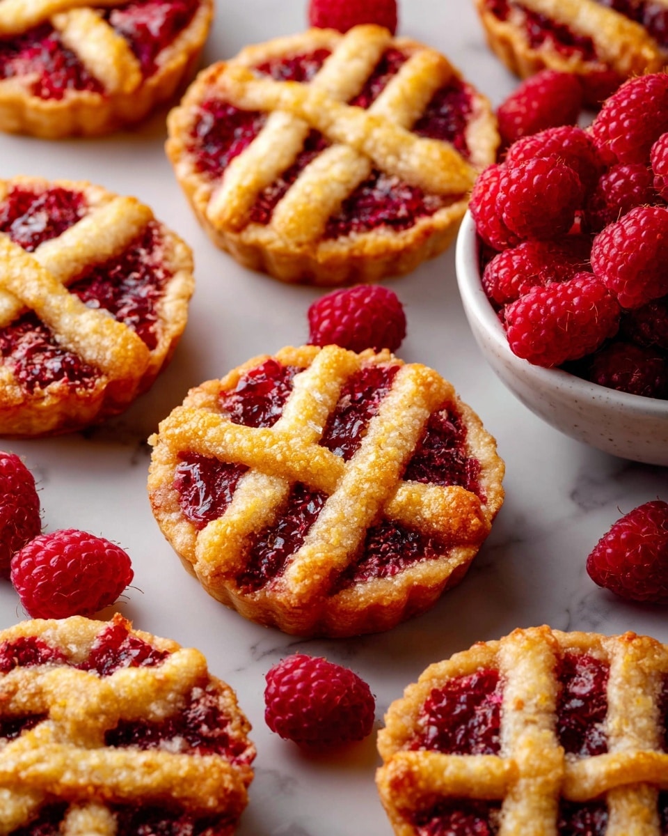 The image shows multiple small round tarts with two layers. The bottom layer is a golden brown crust with a slightly rough texture. The top layer is a golden lattice crust with four thick strips that create square-shaped windows, showing a bright red raspberry filling with visible seeds and juicy texture underneath. The tarts are placed on a white marbled surface, with some fresh raspberries scattered around for decoration. On the right side, there's a white bowl filled with whole fresh raspberries. photo taken with an iphone --ar 4:5 --v 7