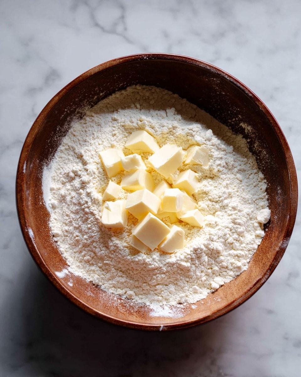 A large brown bowl filled with a white powdery layer of flour spread evenly across the bottom, with small, light yellow cubes of butter placed in the center on top of the flour. The bowl rests on a white marbled surface, showing a simple, clean setup for baking. photo taken with an iphone --ar 4:5 --v 7