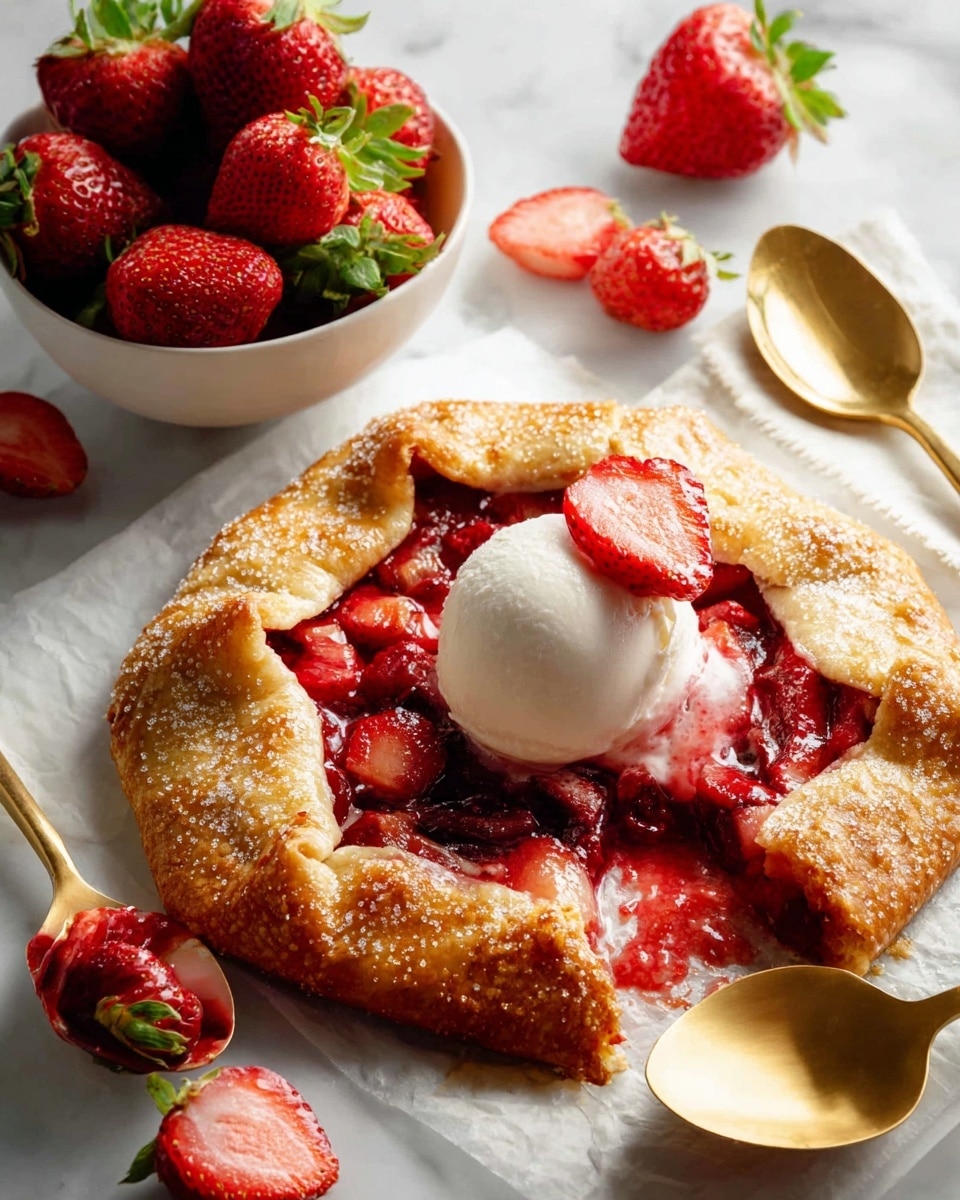 A round galette with a golden-brown crust folded up on the edges, sprinkled with coarse sugar, filled with bright red, juicy strawberry pieces in the center, topped with a melting scoop of white ice cream and a halved fresh strawberry on the side. Next to the galette, there is a white bowl filled with whole and halved strawberries with green leaves, placed on a white marbled surface. Two golden spoons, one with some strawberry filling on it, lie partially overlapping near the galette. Several halved strawberries are scattered on the marble surface around the galette. Photo taken with an iphone --ar 4:5 --v 7
