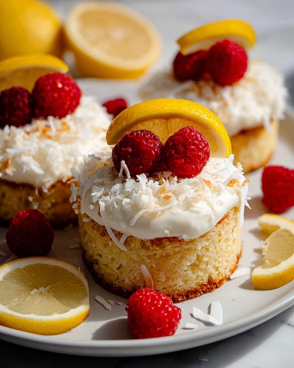 Three small round cakes sit on a white plate over a white marbled surface. Each cake has a golden-brown base topped with a thick layer of white frosting covered in shredded white coconut. On top of each cake is a bright red raspberry and a thin slice of yellow lemon standing upright. Extra raspberries and lemon slices are scattered around the plate, with some coconut flakes also sprinkled lightly on the plate. The scene is brightly lit, showing soft textures and fresh colors. photo taken with an iphone --ar 4:5 --v 7
