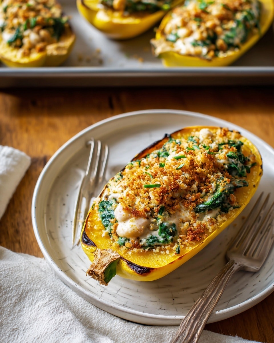 A roasted half of bright orange butternut squash is placed on a white plate with a textured pattern, set on a white marbled surface. The squash is filled with a creamy, thick mixture that includes wilted dark green leafy vegetables and chunks of pale beans, topped with a golden brown crunchy breadcrumb layer that adds texture and color contrast. A silver fork rests on the plate to the right side, and a small piece of the squash is scooped out, showing a soft, smooth inside. The overall look is warm, inviting, and rustic photo taken with an iphone --ar 4:5 --v 7