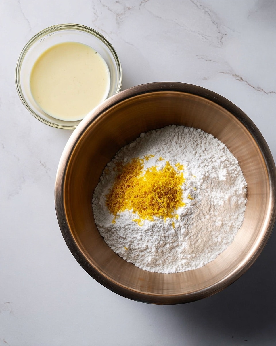 A shiny metal mixing bowl sits on a white marbled surface, filled mostly with a thick layer of white powdered sugar. On one side of the sugar is a smaller pile of bright yellow lemon zest, adding a pop of color to the bowl. To the left of the metal bowl is a small glass bowl with a creamy, pale yellow liquid, showing a smooth texture. The simple, clean setup focuses closely on the ingredients against the white marbled background photo taken with an iphone --ar 4:5 --v 7