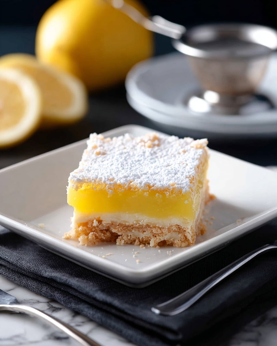 Three square lemon bars are lined up on a white rectangular plate placed on a white marbled surface. Each bar has two layers: the bottom layer is a light golden crust with a slightly crumbly texture, and the top layer is a thick, bright yellow, glossy lemon filling. The surface of each bar is dusted with a fine layer of white powdered sugar, giving a soft, snowy effect. In the background, there is a blurry white bowl with blue patterns. photo taken with an iphone --ar 4:5 --v 7