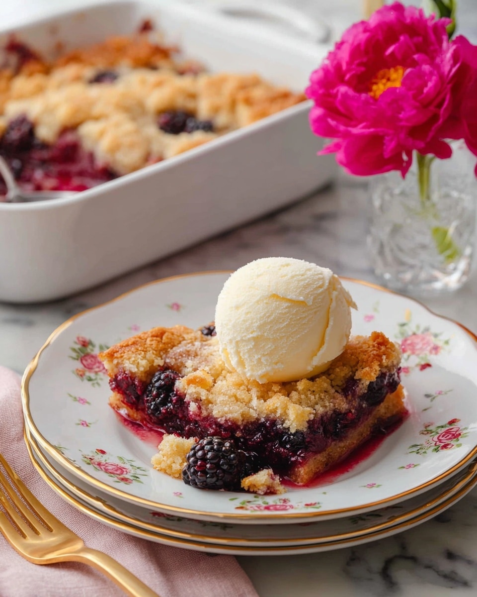A slice of blackberry cobbler with a golden brown, crumbly crust and visible baked blackberries layers at the bottom sits on a white plate decorated with small floral designs and a gold rim. On top of the cobbler slice, there is a smooth, creamy scoop of vanilla ice cream with a slightly melting texture. In the background, there is a white ceramic baking dish showing more of the blackberry cobbler with caramelized golden crust and blackberries peeking through. The scene is set on a white marbled surface with a clear glass vase holding two bright pink flowers to the right, softly blurred. A gold fork lies on a light pink cloth napkin in the lower left corner. Photo taken with an iphone --ar 4:5 --v 7
