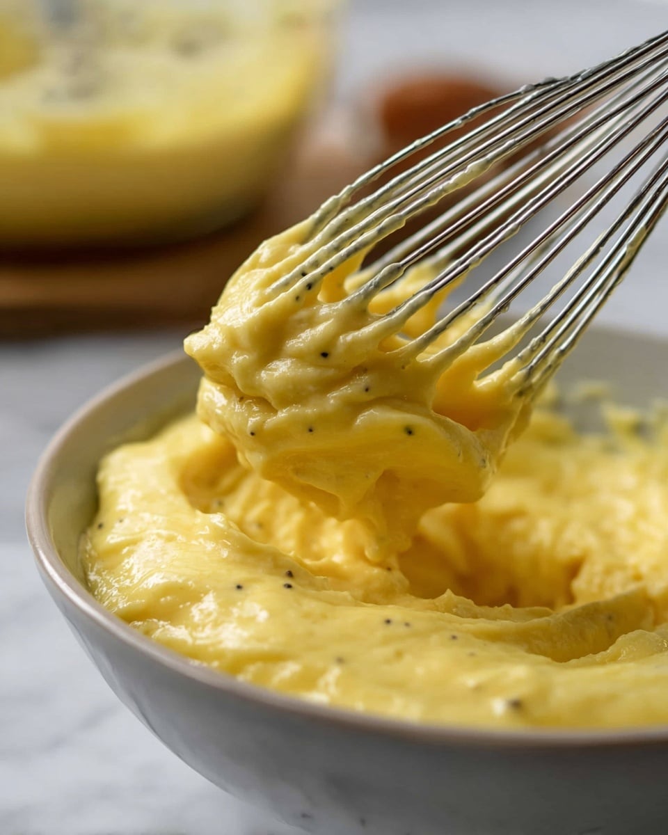 A close-up view of thick, creamy yellow batter with small black specks held by metal wires of a whisk. The batter has a smooth, soft texture with flowing peaks and folds around the wires. In the blurred background, more batter is visible inside a bowl. The scene is set on a white marbled surface. photo taken with an iphone --ar 4:5 --v 7