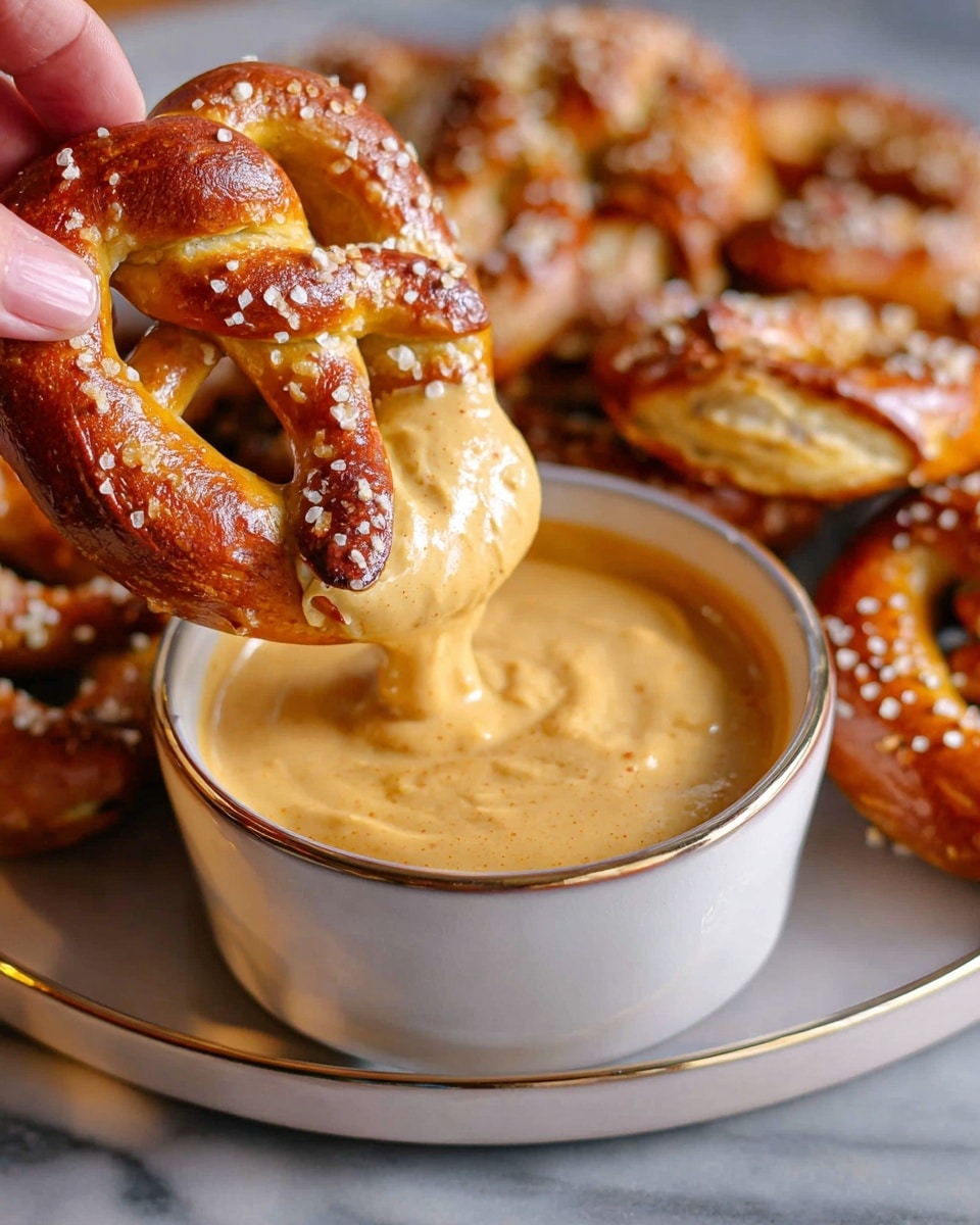 A close-up image shows a golden brown soft pretzel with visible salt crystals, held by a woman's hand and dipped into a smooth, creamy mustard-colored sauce in a white bowl. The sauce is thick and slightly overflowing the bowl's edge. The white bowl is placed on a white plate, which holds several more soft pretzels in the background on a white marbled surface. The pretzels have a shiny glaze and a soft, doughy texture. photo taken with an iphone --ar 4:5 --v 7