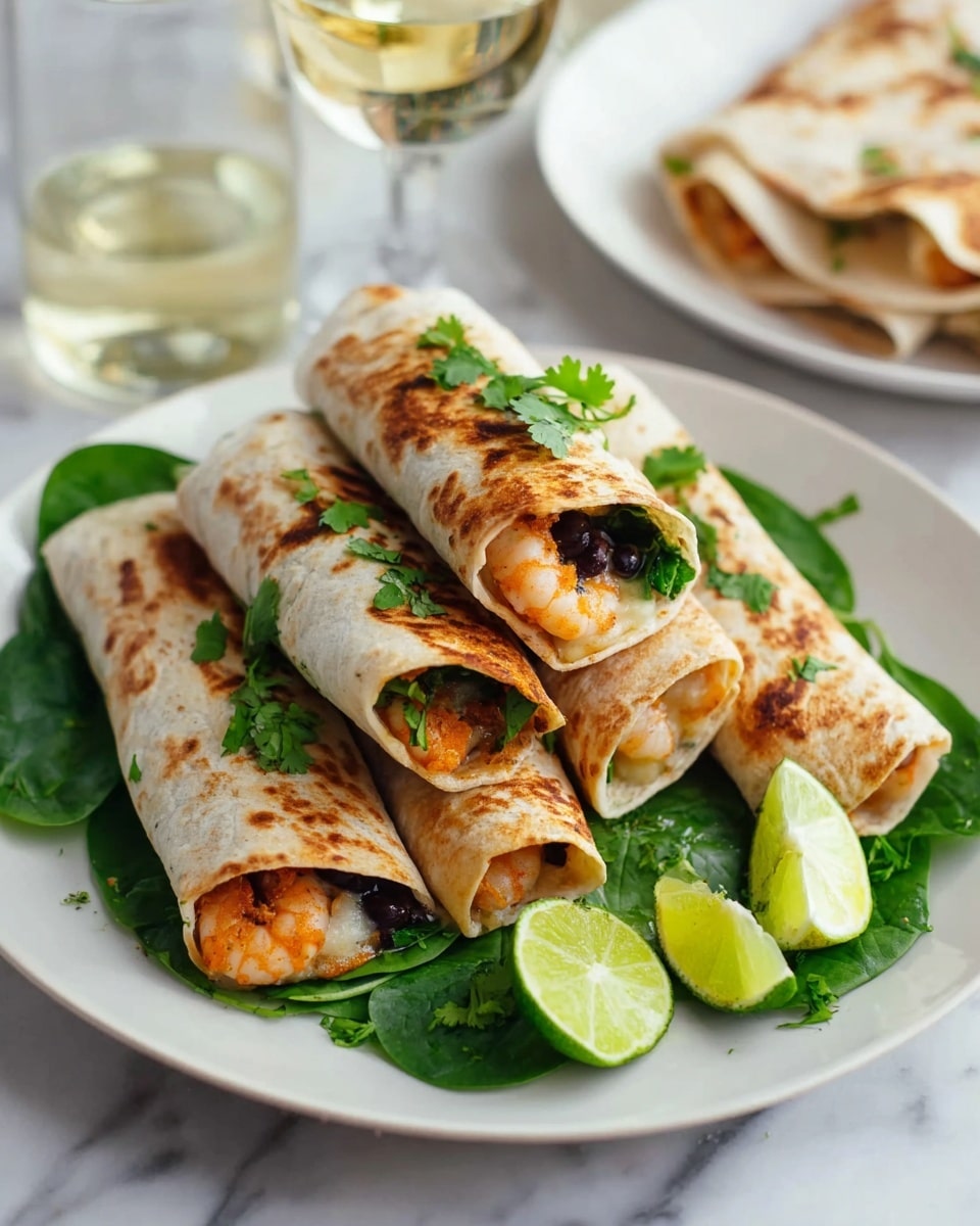 A white round plate on a white marbled surface holds six grilled rolled wraps arranged in a loose stack on a bed of fresh green spinach leaves. The wraps have a light brown, slightly charred texture with visible tortilla details, and some show a filling of black beans and orange-colored cooked vegetables peeking out at the ends. There are two lime wedges placed on the spinach for garnish. In the background, part of another white plate with a similar wrap on a green sauce is visible along with a glass of white wine and a blue-striped cloth napkin. Photo taken with an iphone --ar 4:5 --v 7